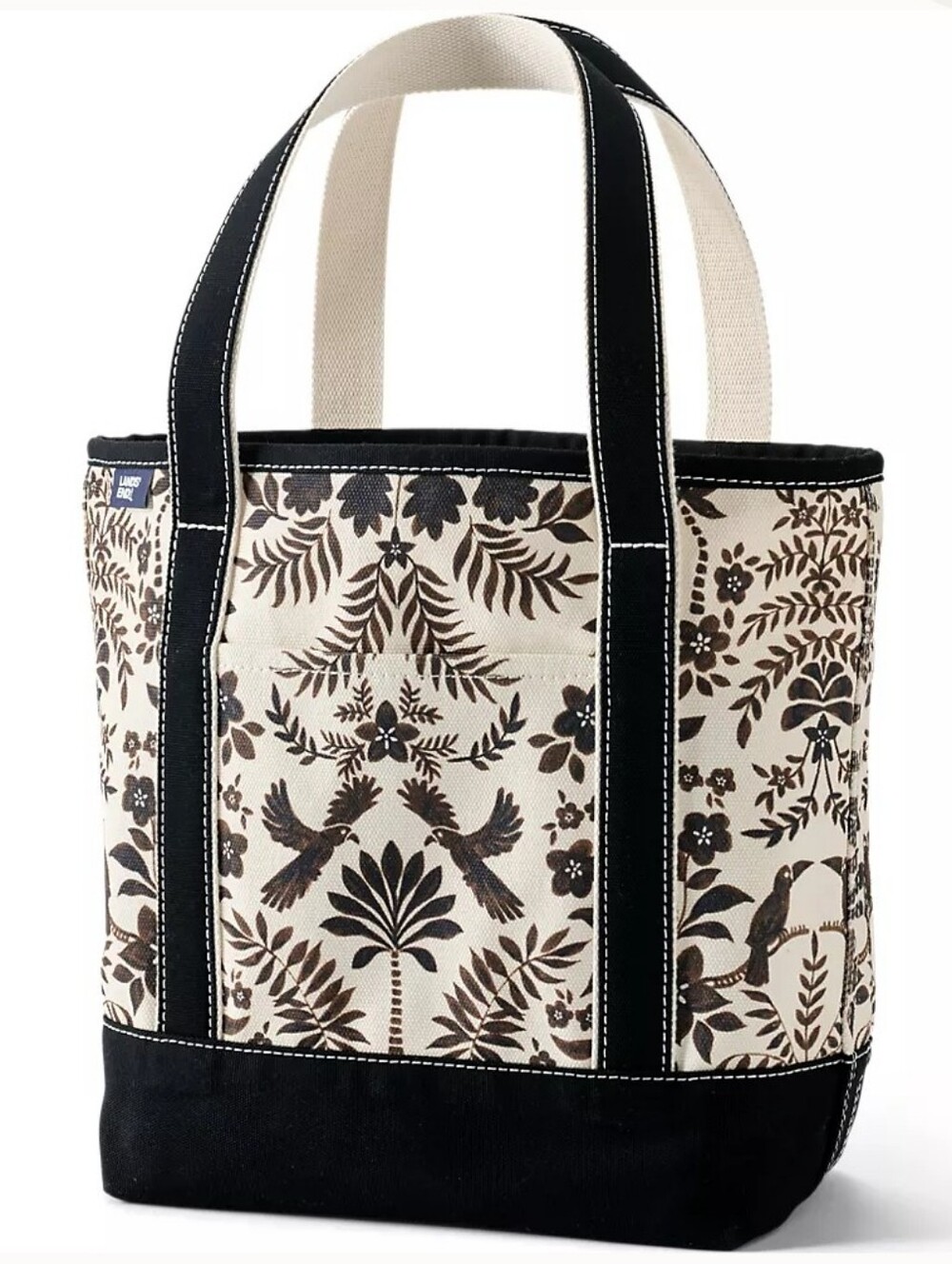 Land's End Tropical Birds Brown Black Medium Open Tote Canvas Bag NIP